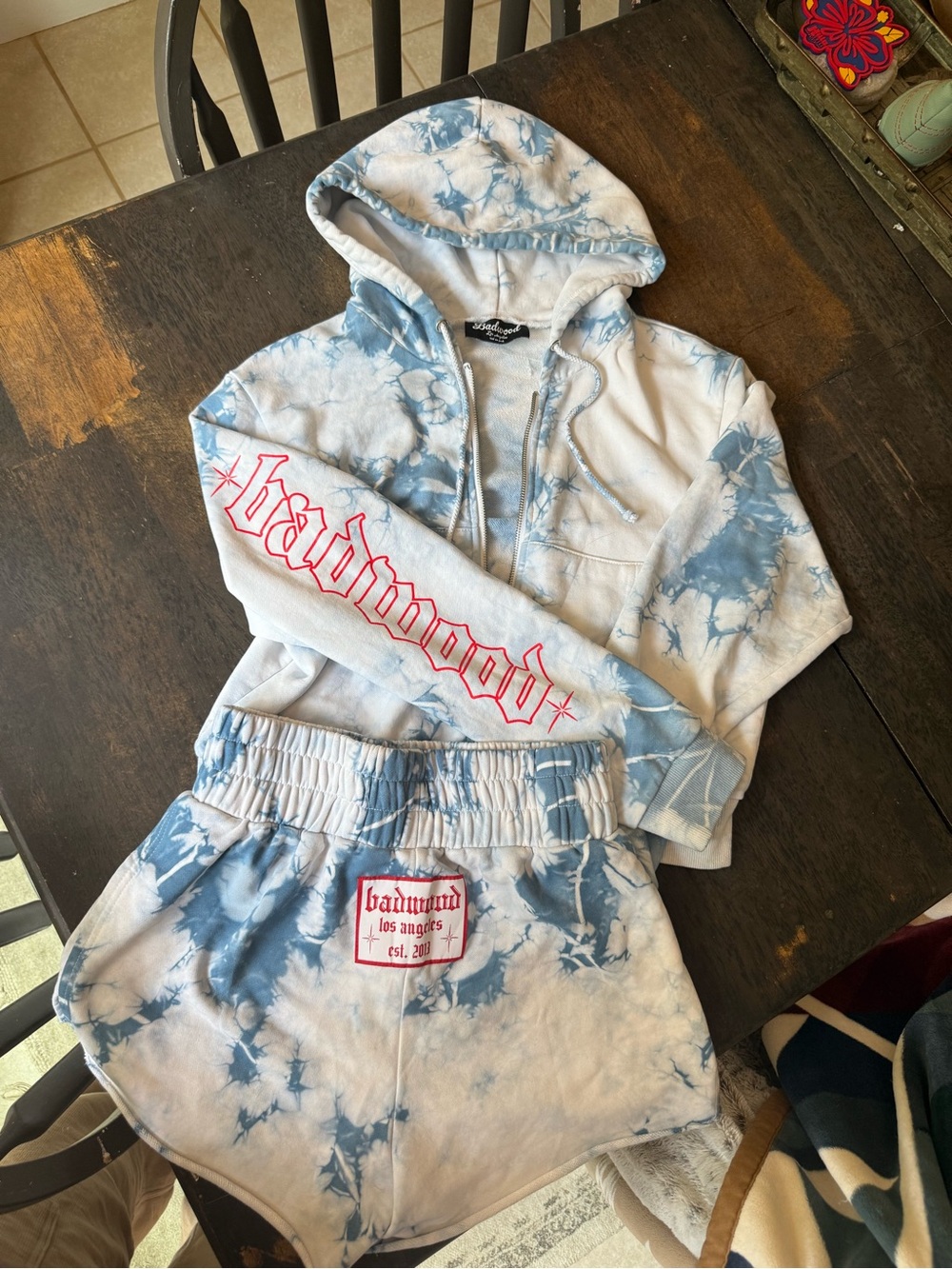 Badwood Tie-Dye Blue & White Hoodie and Shorts Set